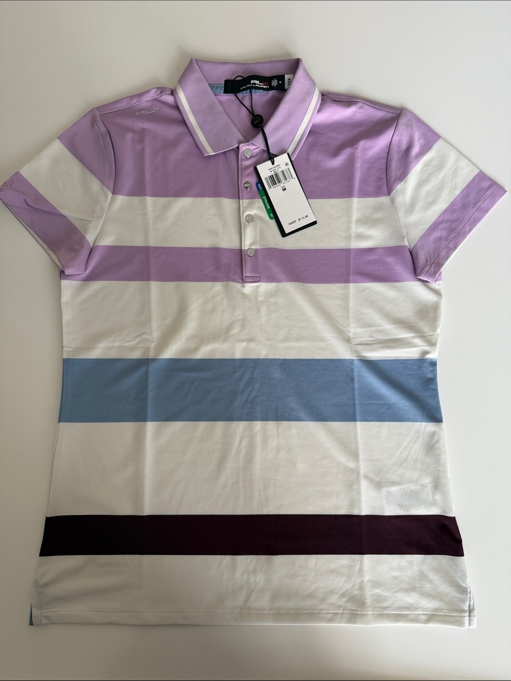 RLX Ralph Lauren Women’s Striped Polo Shirt in Lavender, Sage Blue, Maroon 0072